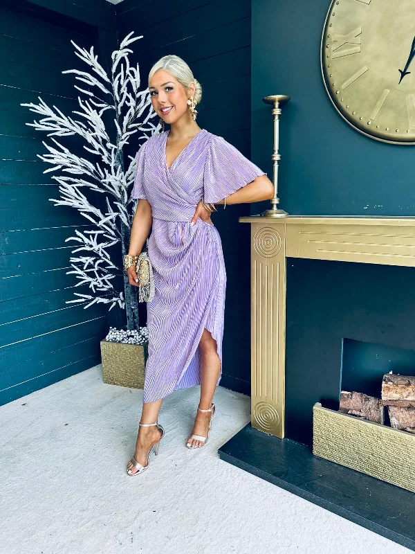 Natasha Metallic Angel Sleeve Wrap Midi Dress Lilac