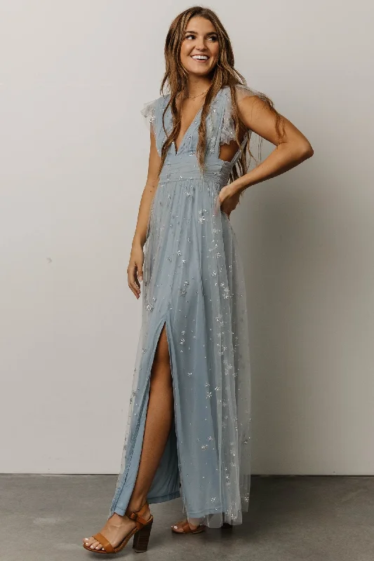 Nova Shimmer Maxi Dress | Dusty Blue + Silver