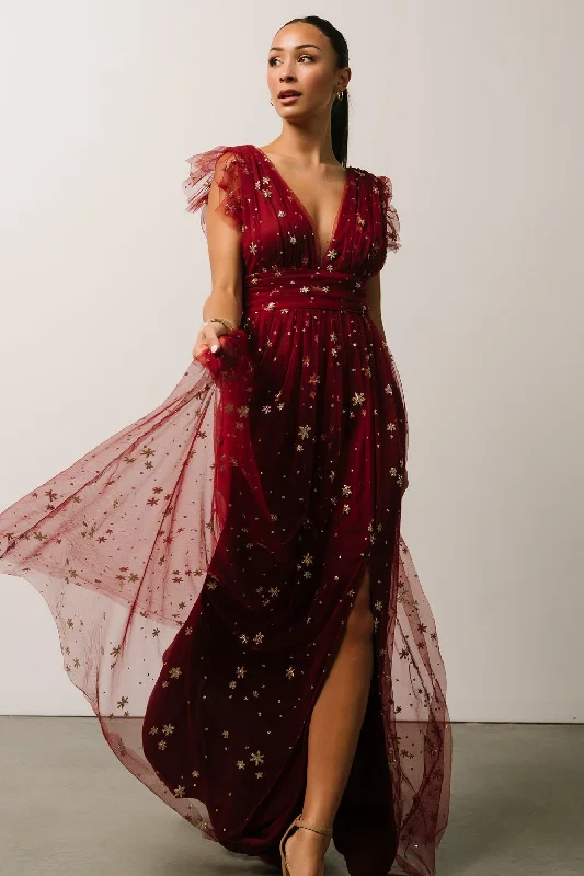 Nova Shimmer Maxi Dress | Wine + Gold