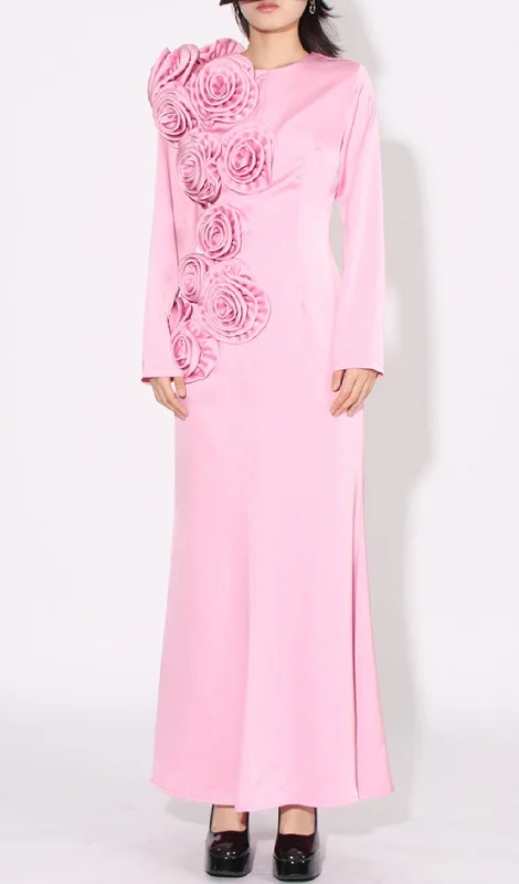 LONG SLEEVE FLOWER-APPLIQUÉD MAXI DRESS