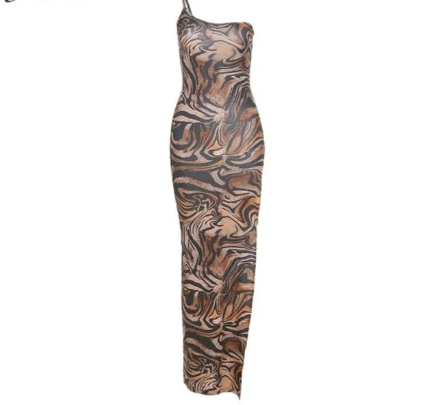 Brown One-Shoulder Bodycon Dress.