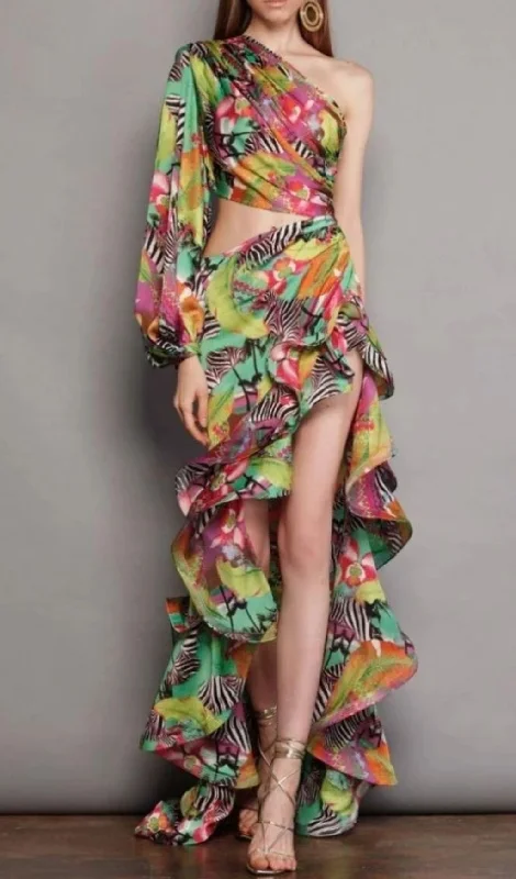 ONE SHOULDER FLORAL PRINTED MAXI DRESS