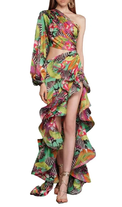 ONE SHOULDER FLORAL PRINTED MAXI DRESS