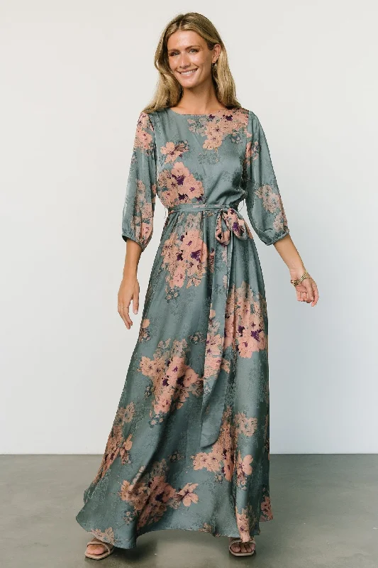 Paula Satin Maxi Dress | Blue + Pink Multi