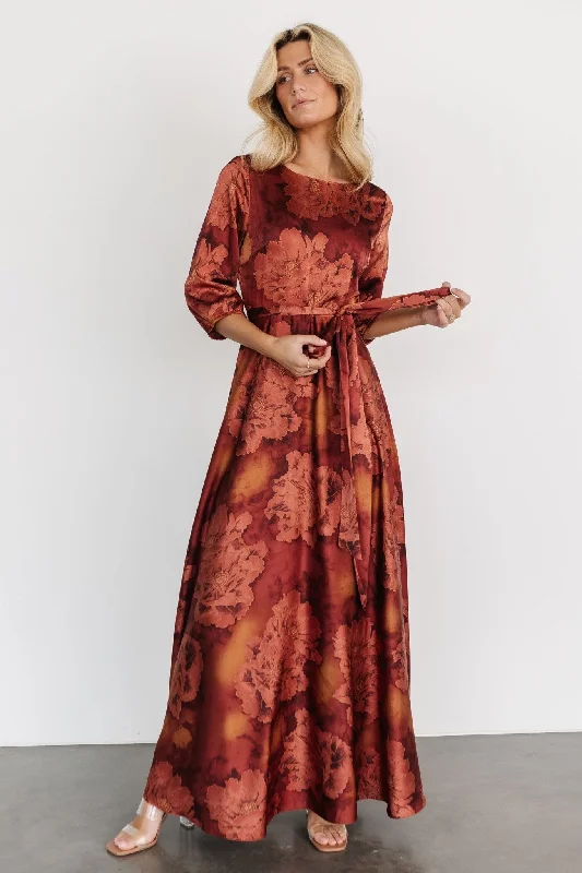 Paula Satin Maxi Dress | Terracotta Floral