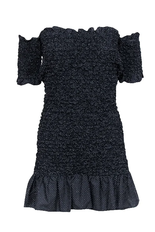 Petersyn - Black Polka Dot Smocked Off The Shoulder Mini Dress Sz M