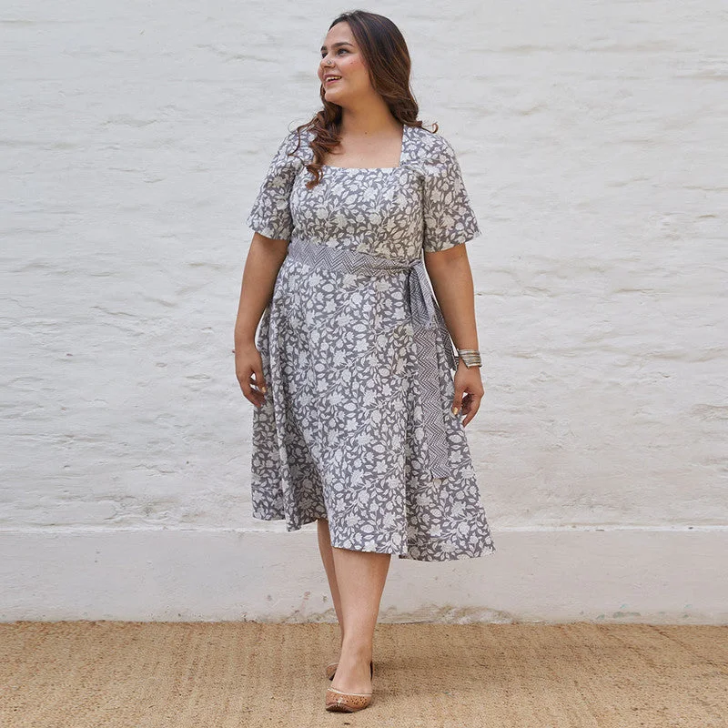 Pure Cotton Handblock Printed Midi Dress | Grey & White