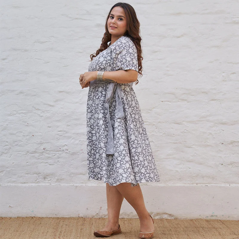 Pure Cotton Handblock Printed Midi Dress | Grey & White