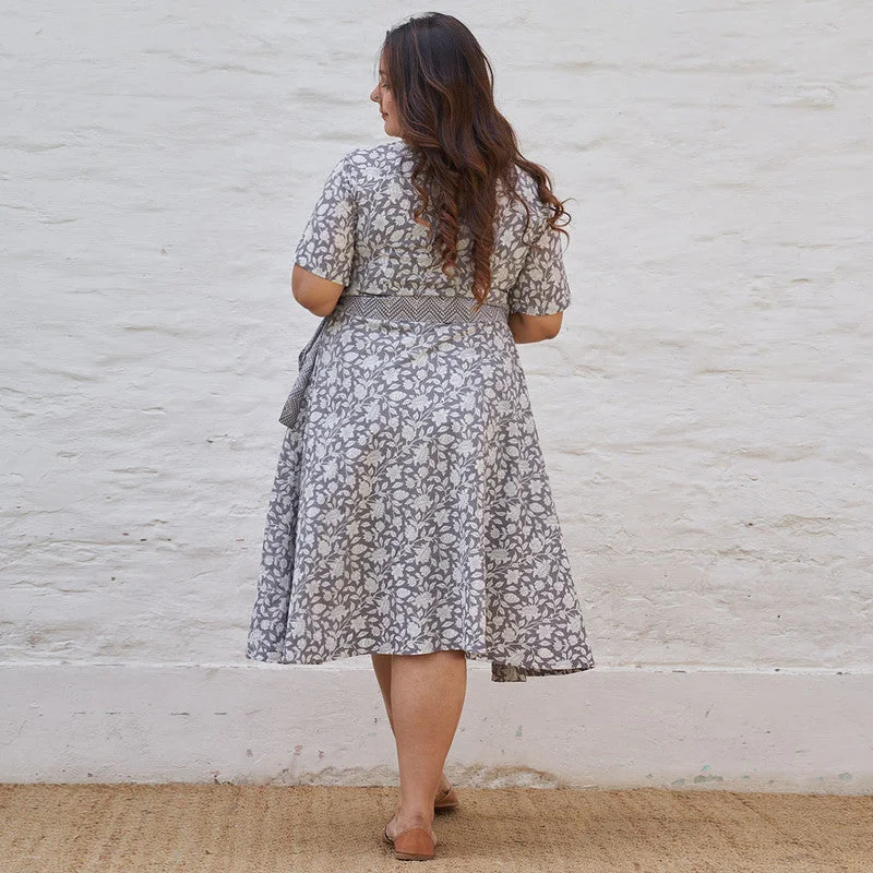 Pure Cotton Handblock Printed Midi Dress | Grey & White