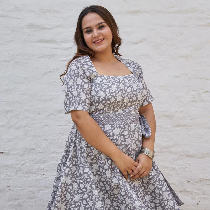 Pure Cotton Handblock Printed Midi Dress | Grey & White