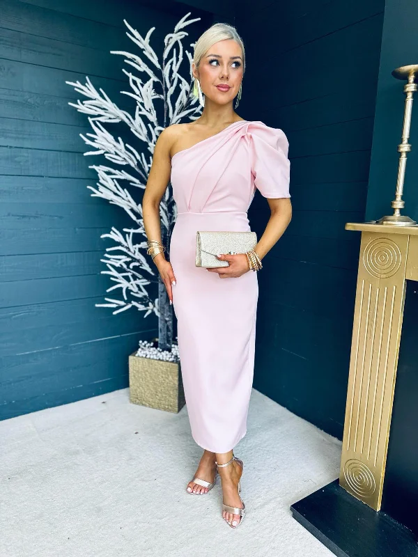 Rachel One Shoulder Occasion Midi Dress Blush