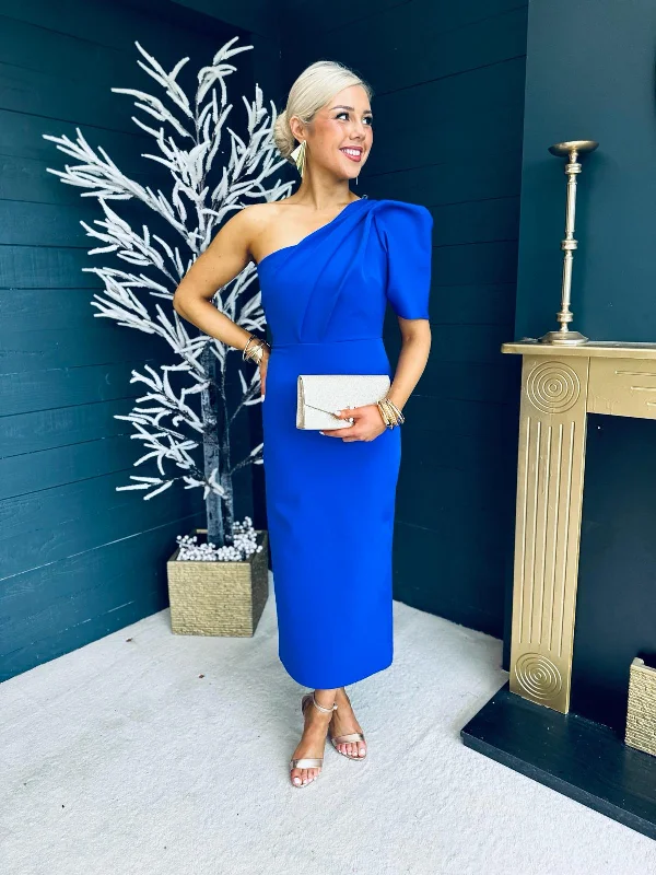 Rachel One Shoulder Occasion Midi Dress Cobalt