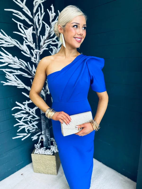 Rachel One Shoulder Occasion Midi Dress Cobalt