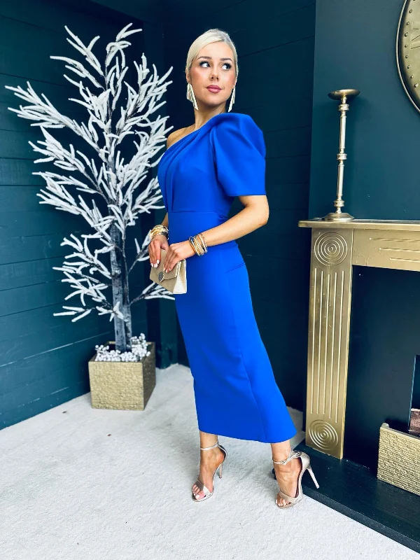 Rachel One Shoulder Occasion Midi Dress Cobalt