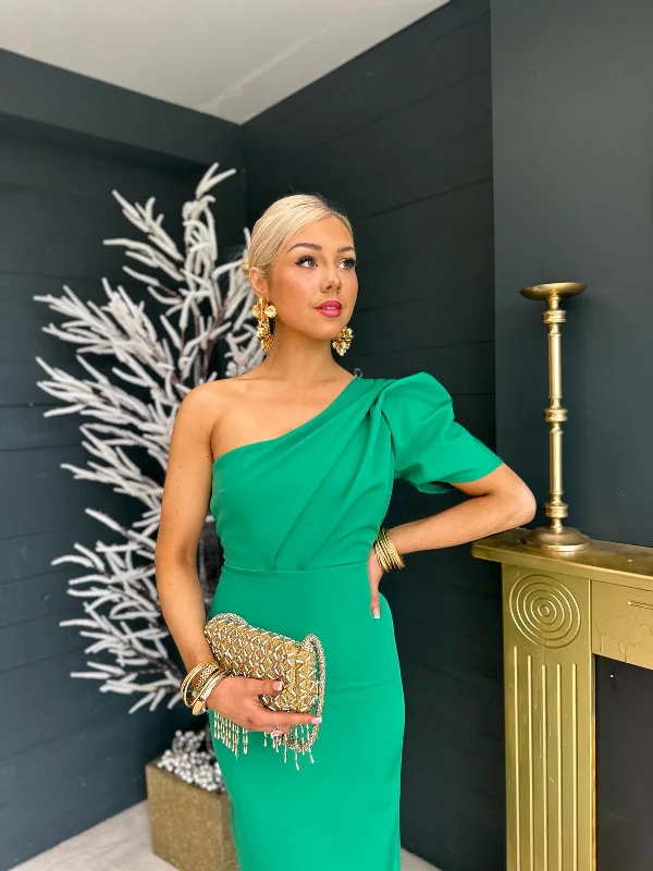 Rachel One Shoulder Occasion Midi Dress Emerald