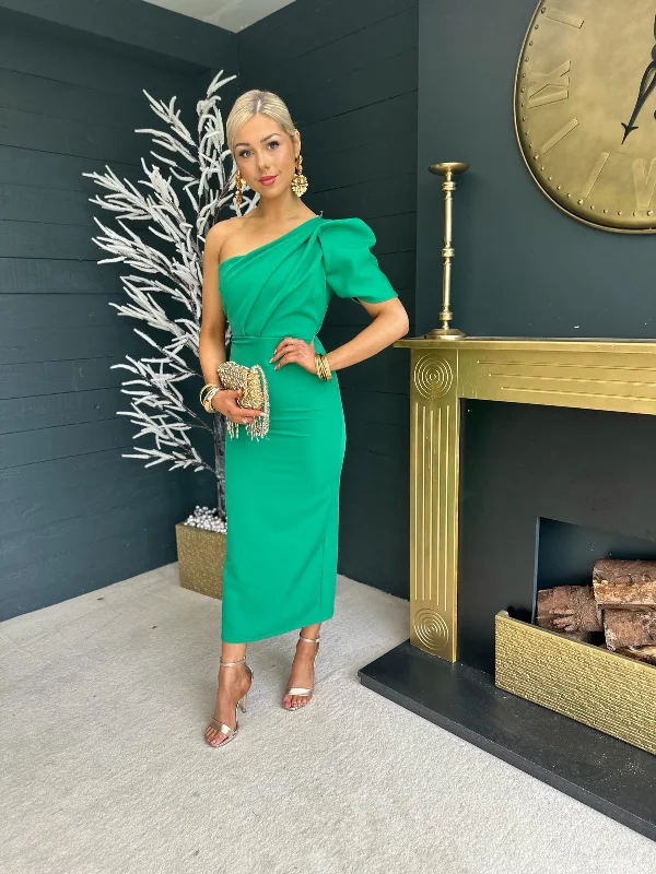 Rachel One Shoulder Occasion Midi Dress Emerald