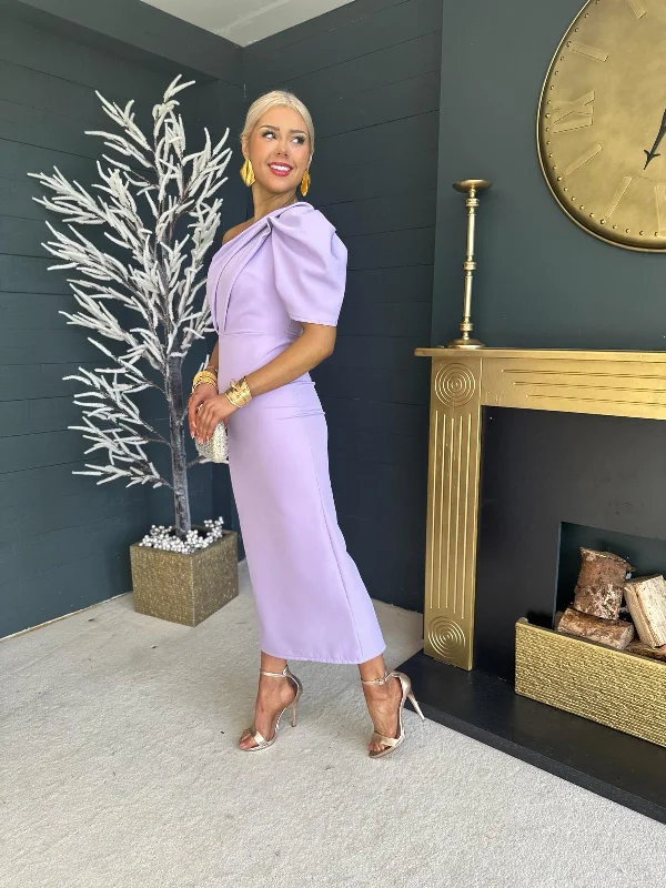 Rachel One Shoulder Occasion Midi Dress Lilac