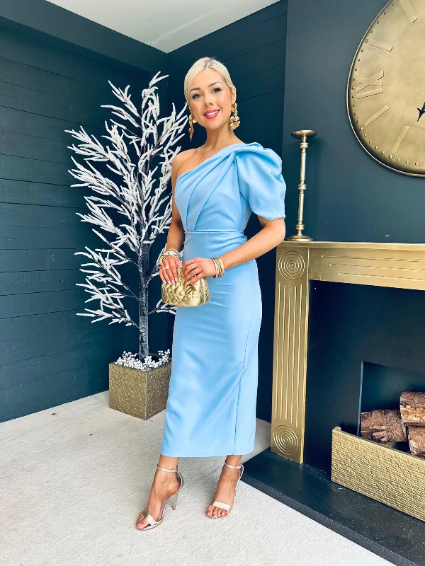 Rachel One Shoulder Occasion Midi Dress Powder Blue