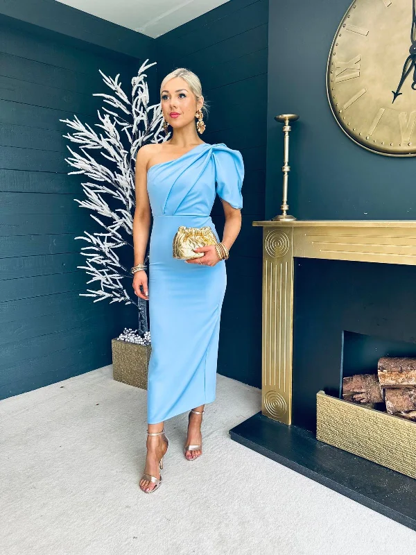 Rachel One Shoulder Occasion Midi Dress Powder Blue