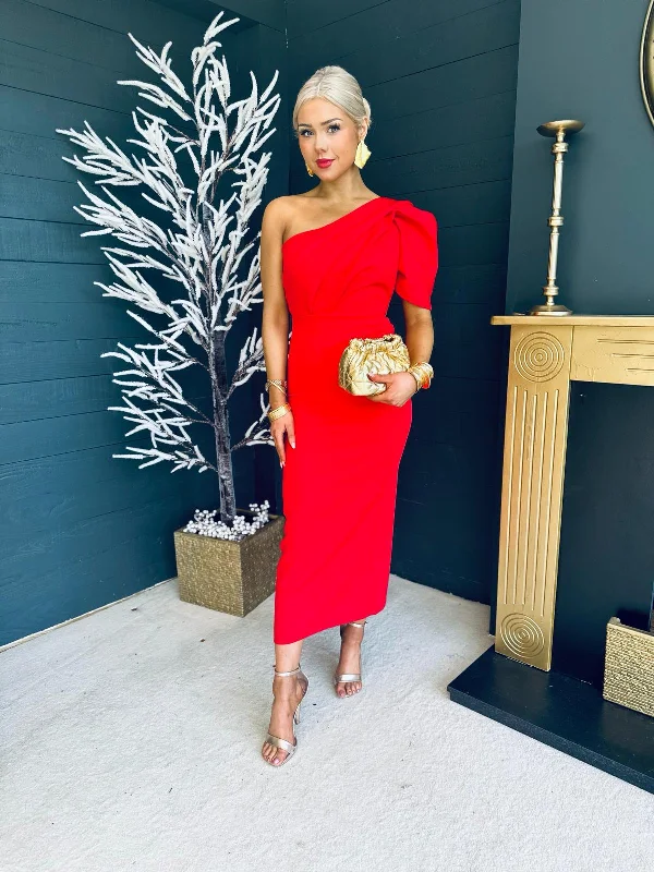 Rachel One Shoulder Occasion Midi Dress Red