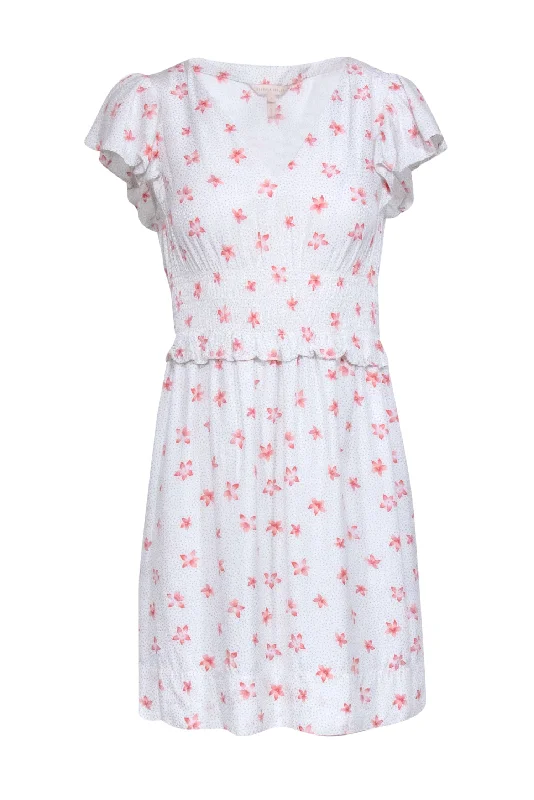 Rebecca Taylor - Gray Short Sleeve w/ Pink Flowers Mini Dress Sz S