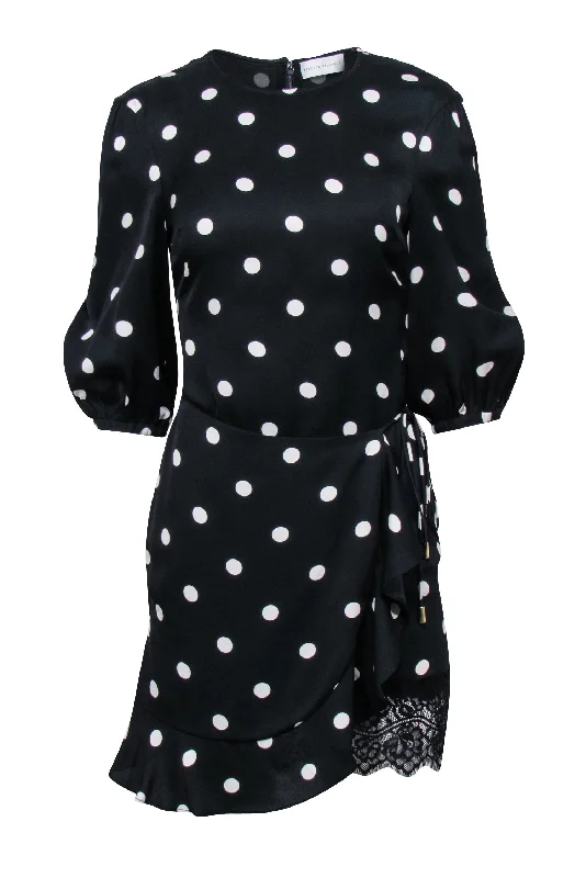 Rebecca Vallance - Black & White Polka Dot Print Mini Dress w/ Lace Trim Sz 2