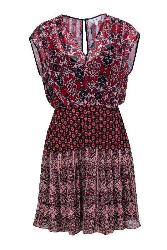 Reiss - Red, Navy, & Ivory Mixed Print Chiffon Mini Dress Sz 2