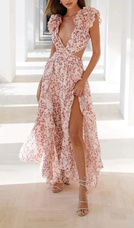 RUFFLED FLORAL CUTOUT MAXI DRESS IN PINK