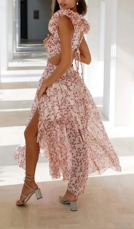 RUFFLED FLORAL CUTOUT MAXI DRESS IN PINK