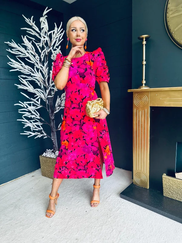 Samira Frill Sleeve Midi Dress Pink Floral