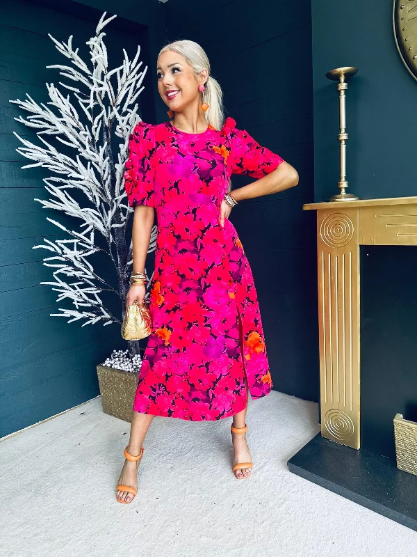 Samira Frill Sleeve Midi Dress Pink Floral