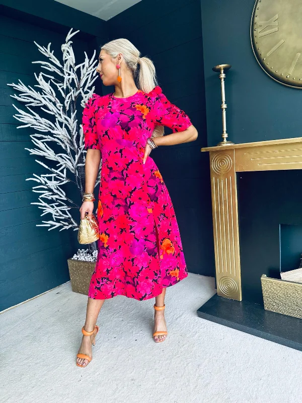 Samira Frill Sleeve Midi Dress Pink Floral