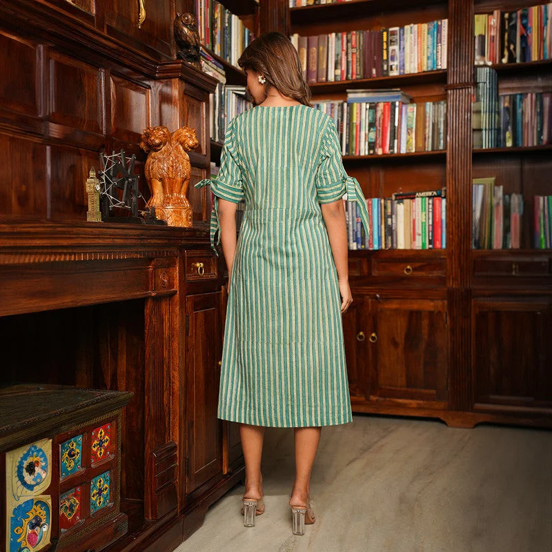 Cotton Midi Dress for Women | Jade Green | Striped