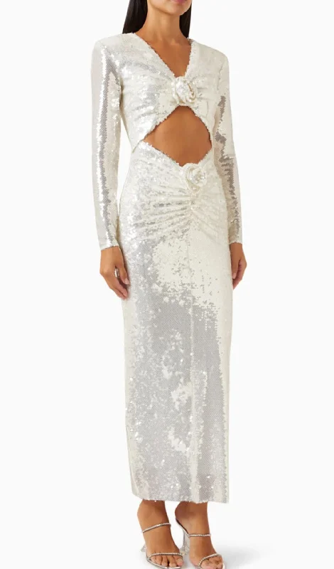 WHITE FLOWER SEQUINED MAXI DRESS