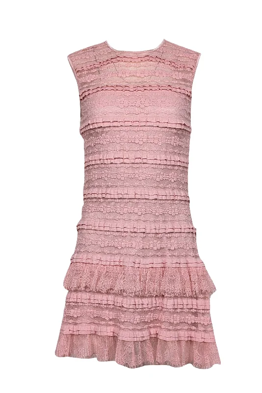 SHO by Tadashi Shoji - Pink Sleeveless Ruffle Layered Lace Mini Dress Sz S