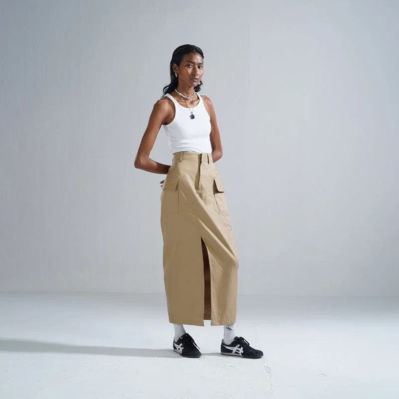 Midi Skirt for Women | Cotton Skirt | Front Slit | Light Brown