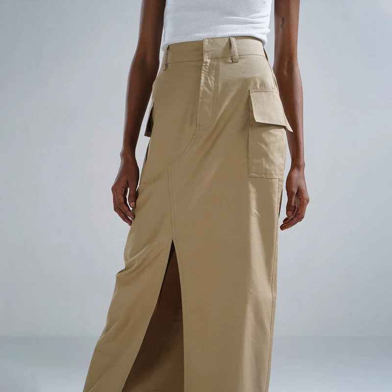 Midi Skirt for Women | Cotton Skirt | Front Slit | Light Brown