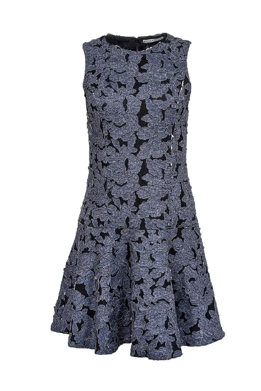 Alice & Olivia - Black Mesh Mini Dress w/ Blue Floral Appliqué Sz 6