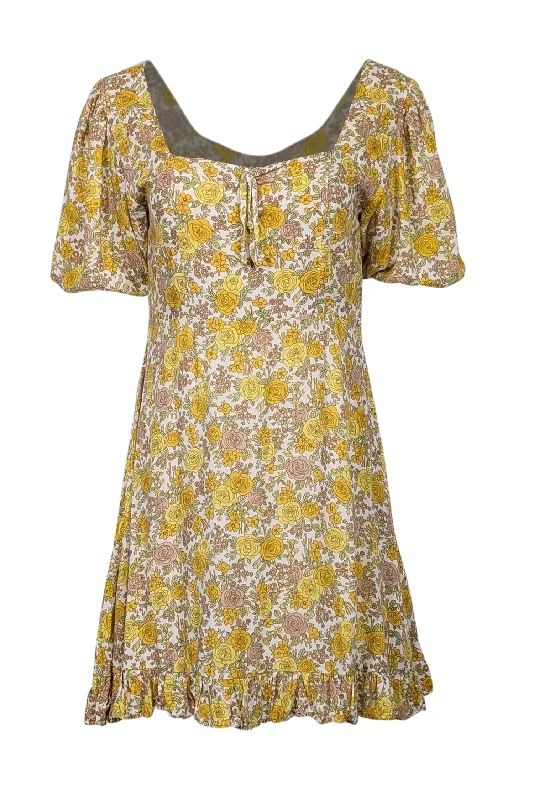 Faithfull the Brand - White & Yellow Floral Print Puff Sleeve Mini Dress Sz 6