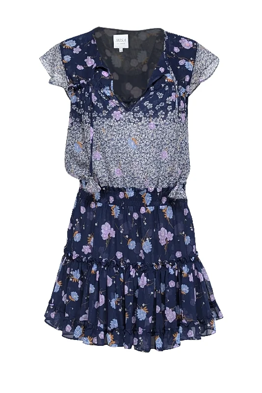 MISA Los Angeles - Blue, Purple, & Ivory Floral Print Chiffon Mini Dress Sz L