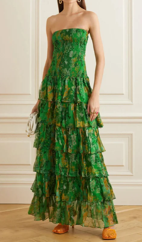 STRAPLESS BANDEAU FLORAL PRINT MAXI DRESS IN GREEN