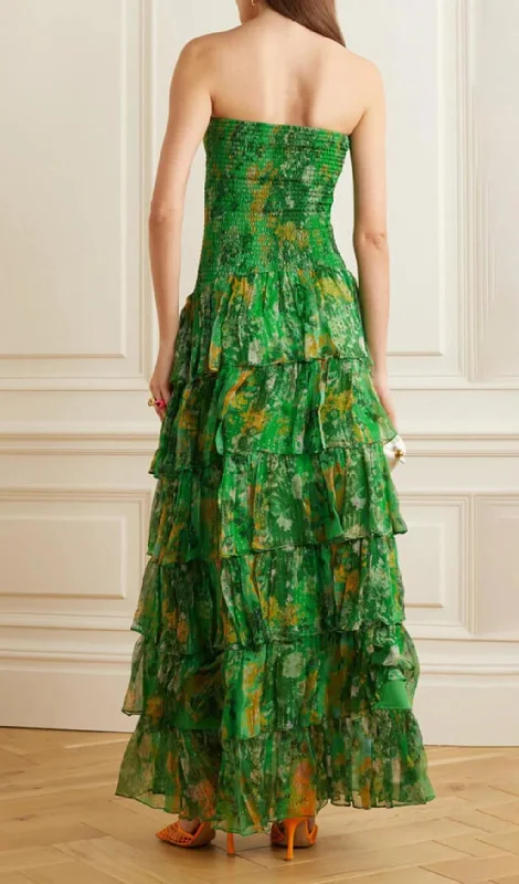 STRAPLESS BANDEAU FLORAL PRINT MAXI DRESS IN GREEN