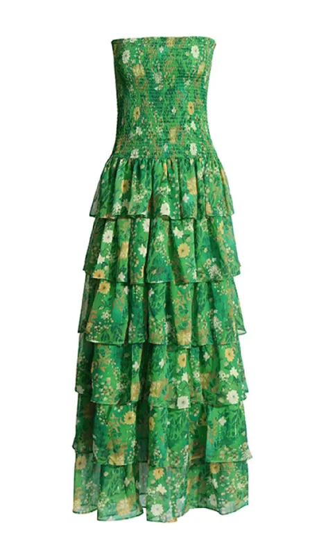 STRAPLESS BANDEAU FLORAL PRINT MAXI DRESS IN GREEN