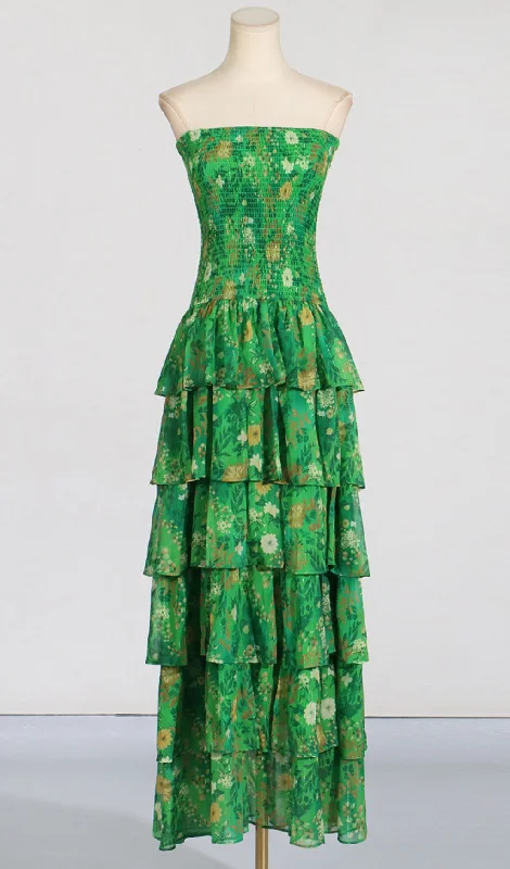 STRAPLESS BANDEAU FLORAL PRINT MAXI DRESS IN GREEN