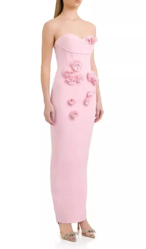 STRAPLESS FLOWER CORSET MAXI DRESS IN PINK