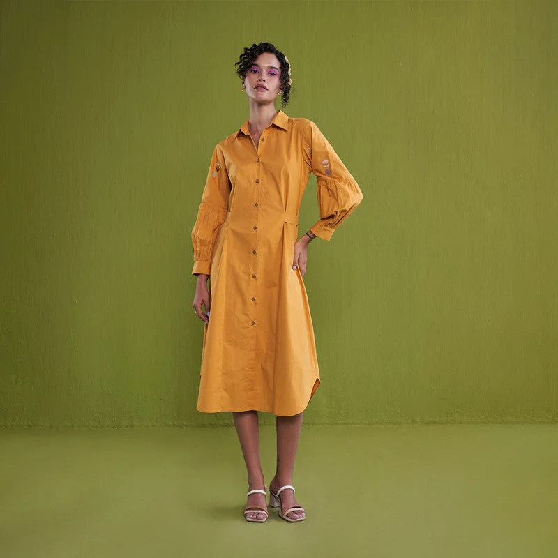 Midi Dress for Women | Organic Cotton Poplin | Embroidered | Mango Orange