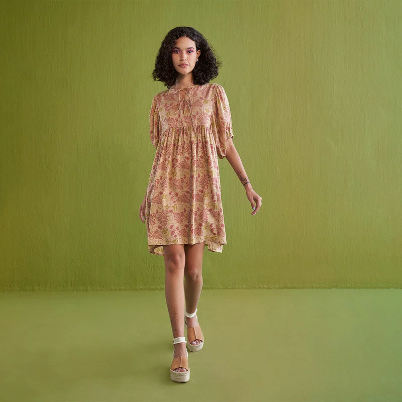 Mini Dress for Women | Lyocell | Handblock Print | Beige & Pink