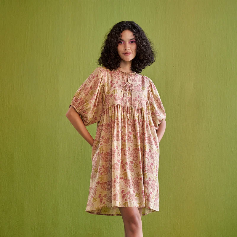 Mini Dress for Women | Lyocell | Handblock Print | Beige & Pink