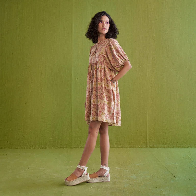 Mini Dress for Women | Lyocell | Handblock Print | Beige & Pink