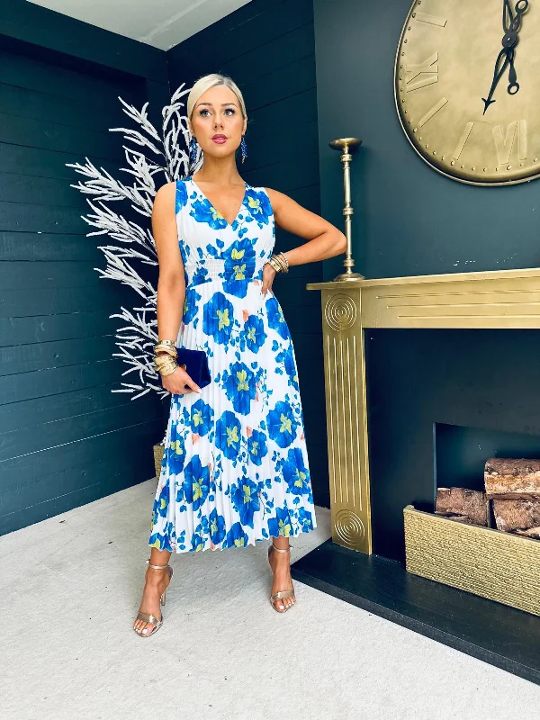 Tia Pleated Midi Dress Blue Floral